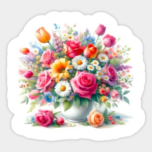 Colorful Vase of Flowers Painting Daisies and Roses Art Sticker